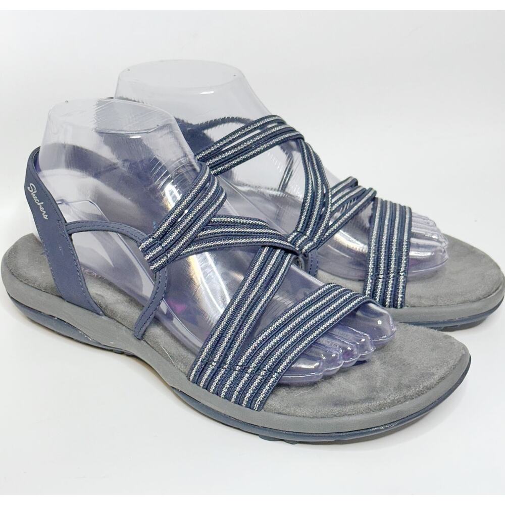 SKECHERS Memory Foam Reggae Slim Stretchy Comfort Sport Sandal Blue Gray Sz 9